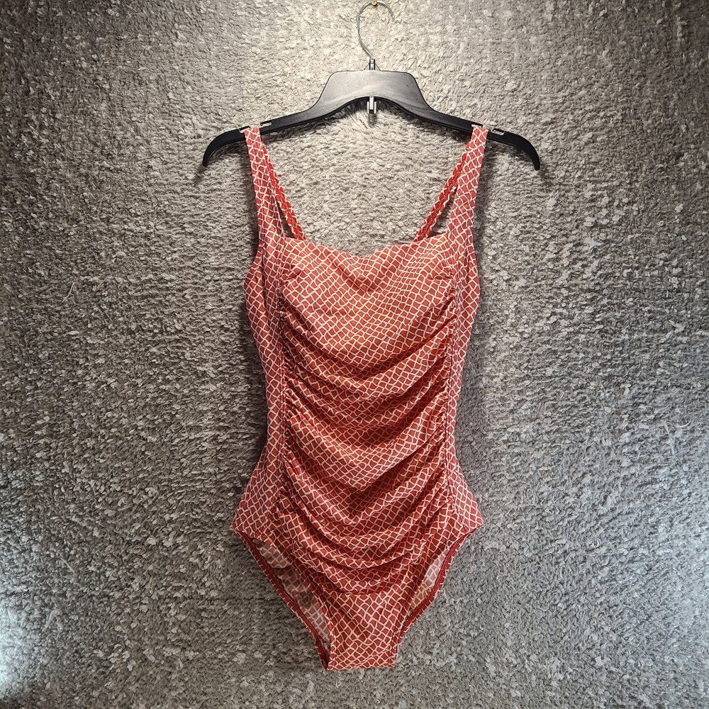 LL Bean Swimsuit Womens 6 One Piece UPF 50 Geometric Ruched Slimming Lined READ